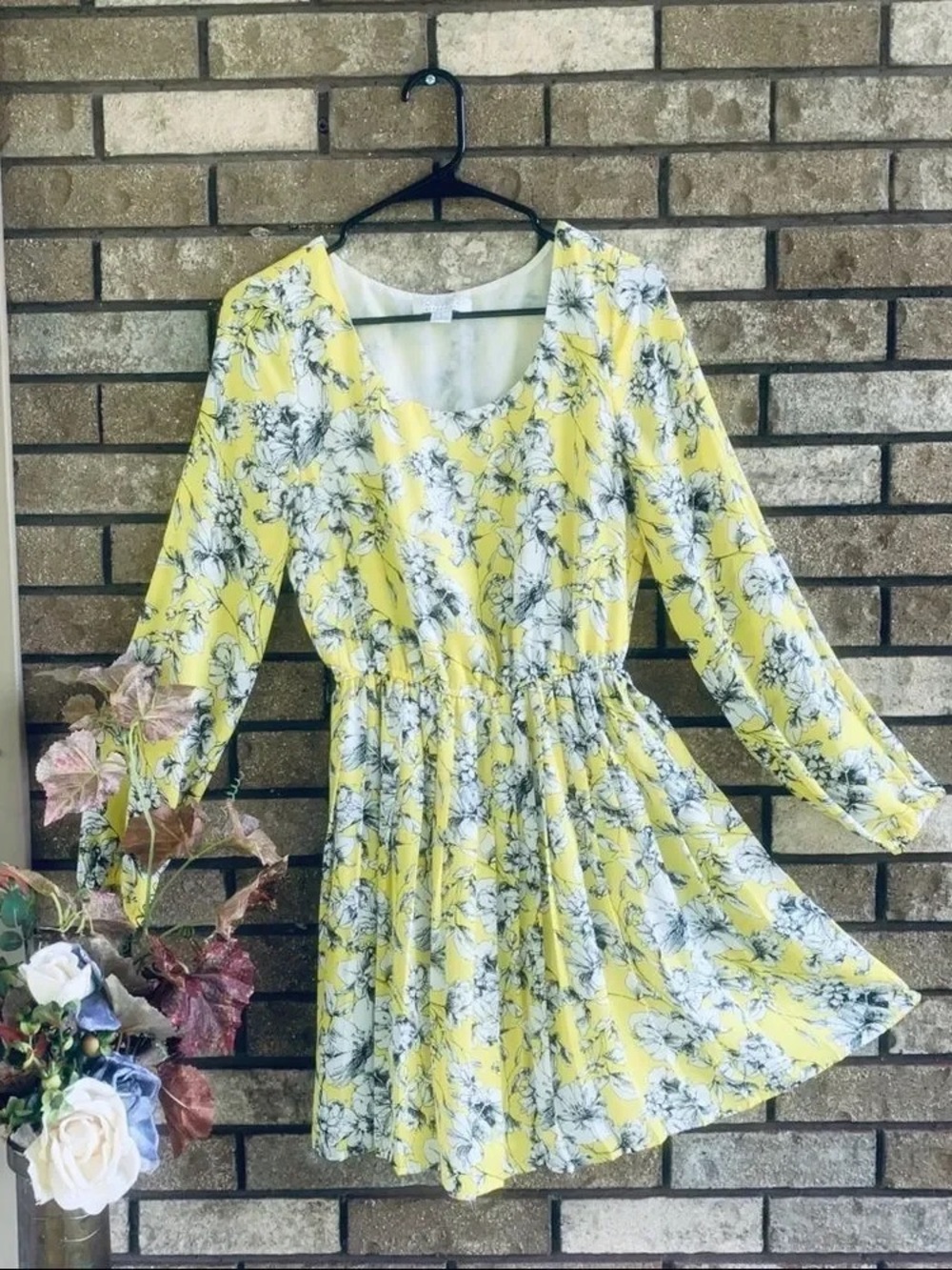 Yellow Floral Long-Sleeve Mini Dress